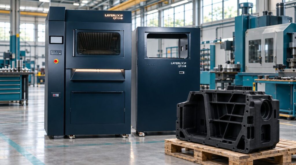 Stampante 3D Layerloop Extend con modulo plug-in in un reparto industriale, accanto a un grande componente stampato su un pallet