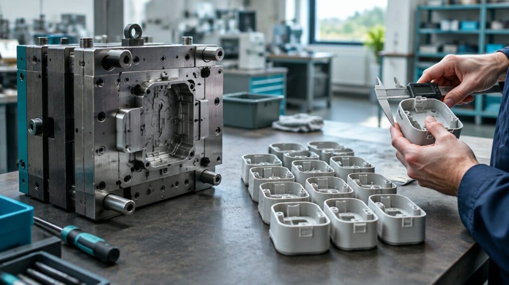 Stampo in acciaio per iniezione accanto a una serie di pezzi in plastica controllati con un calibro